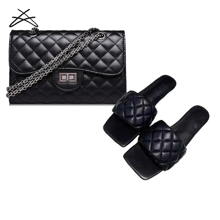 

(Shoes+bag) set women fashion square head grid slipper black handbag 2 pcs set hotsale ladies shoes