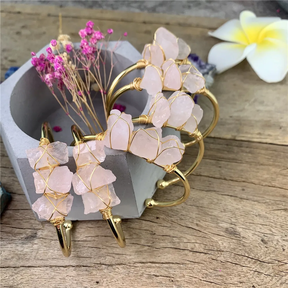 

LS-E1312 Raw Stone Irregular Shape Stone Bangle, Handmade Gemstone Bracelet, Rose Quartz Jewelry
