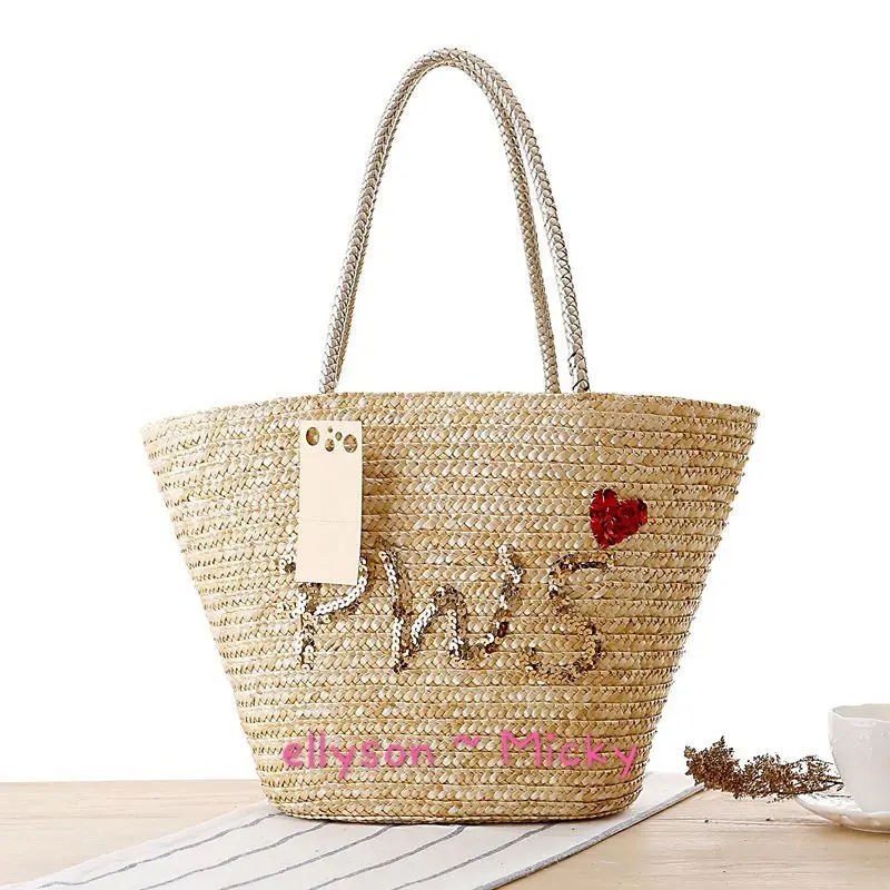 

Handmade Vacation Casual Shoulder Embroidered beads Beach Straw Bag for Women, Black.beige
