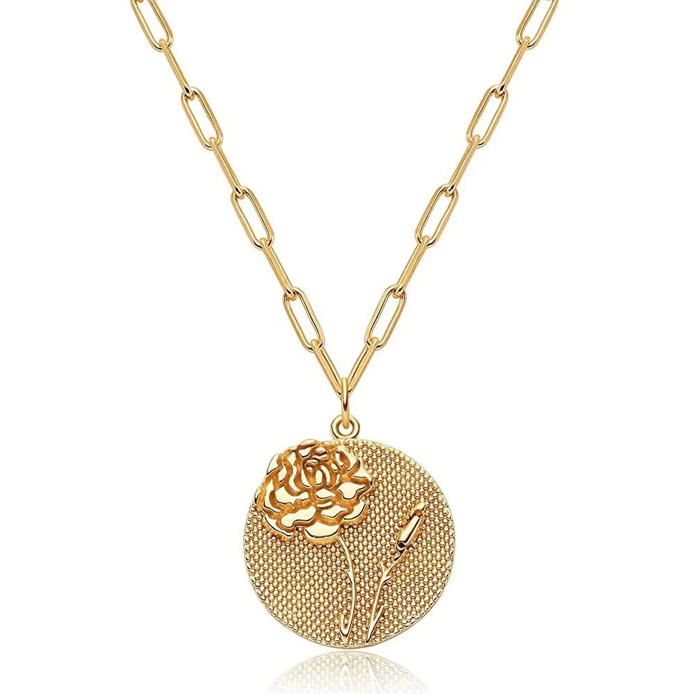 

Custom 18K gold plated brass 12 months birth flower coin pendant necklace