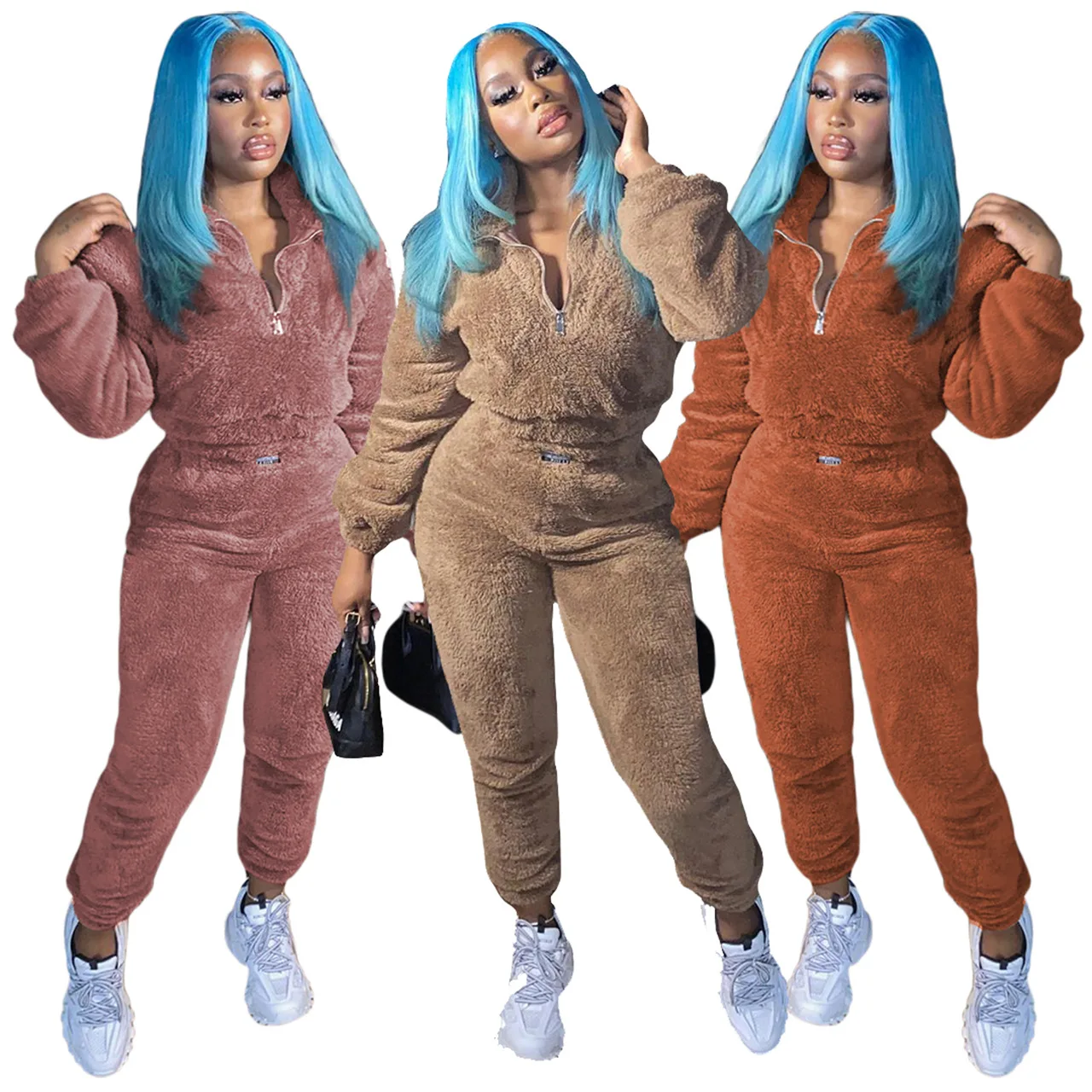 

2021 Winter New Warm Pajamas Fur Fluffy Plush Two Piece Women Loungewear Set, 3colors