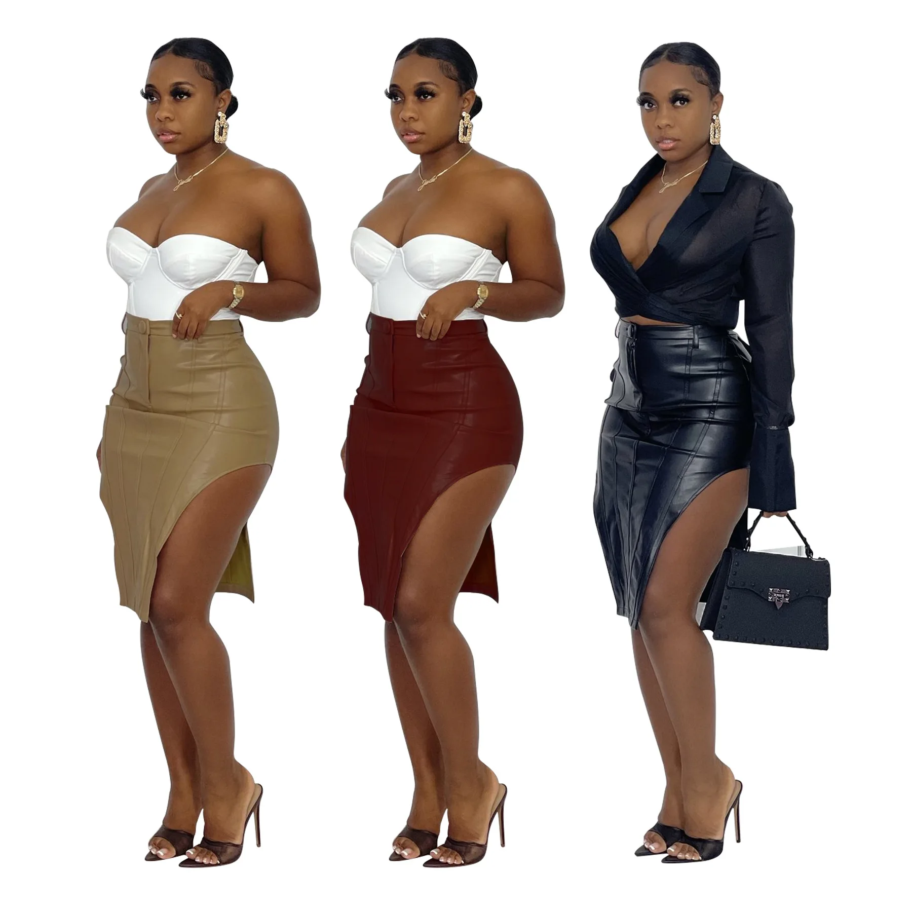 

slit sexy bodycon leather dress lady high waist faxu pu leather pencil skirt, Black, tan, wine red