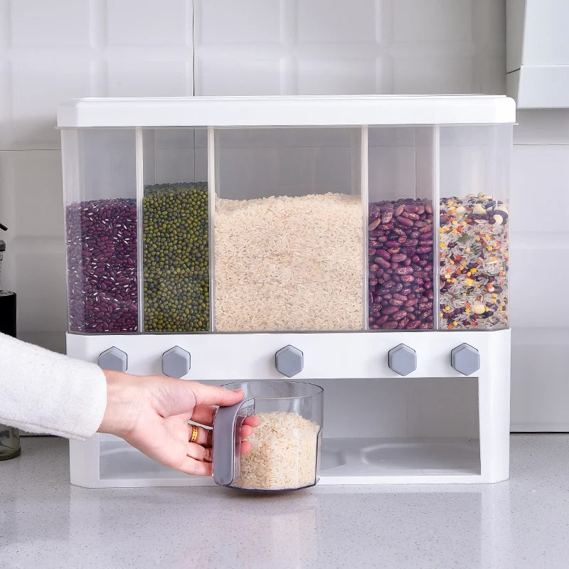 

Wall Mounted Plastic Dry Food Grain Dispenser with Divided Rice Cereal Storage Box, Transparent