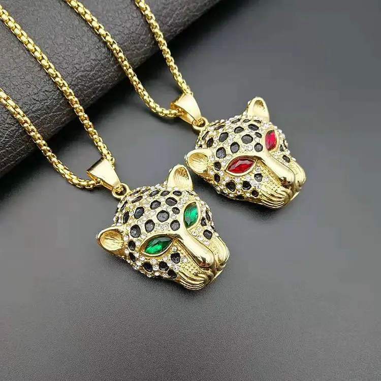 

High Quality Hip Hop Style Stainless Steel Titanium Rhinestone Crystal Leopard Charm Pendant Necklace Men