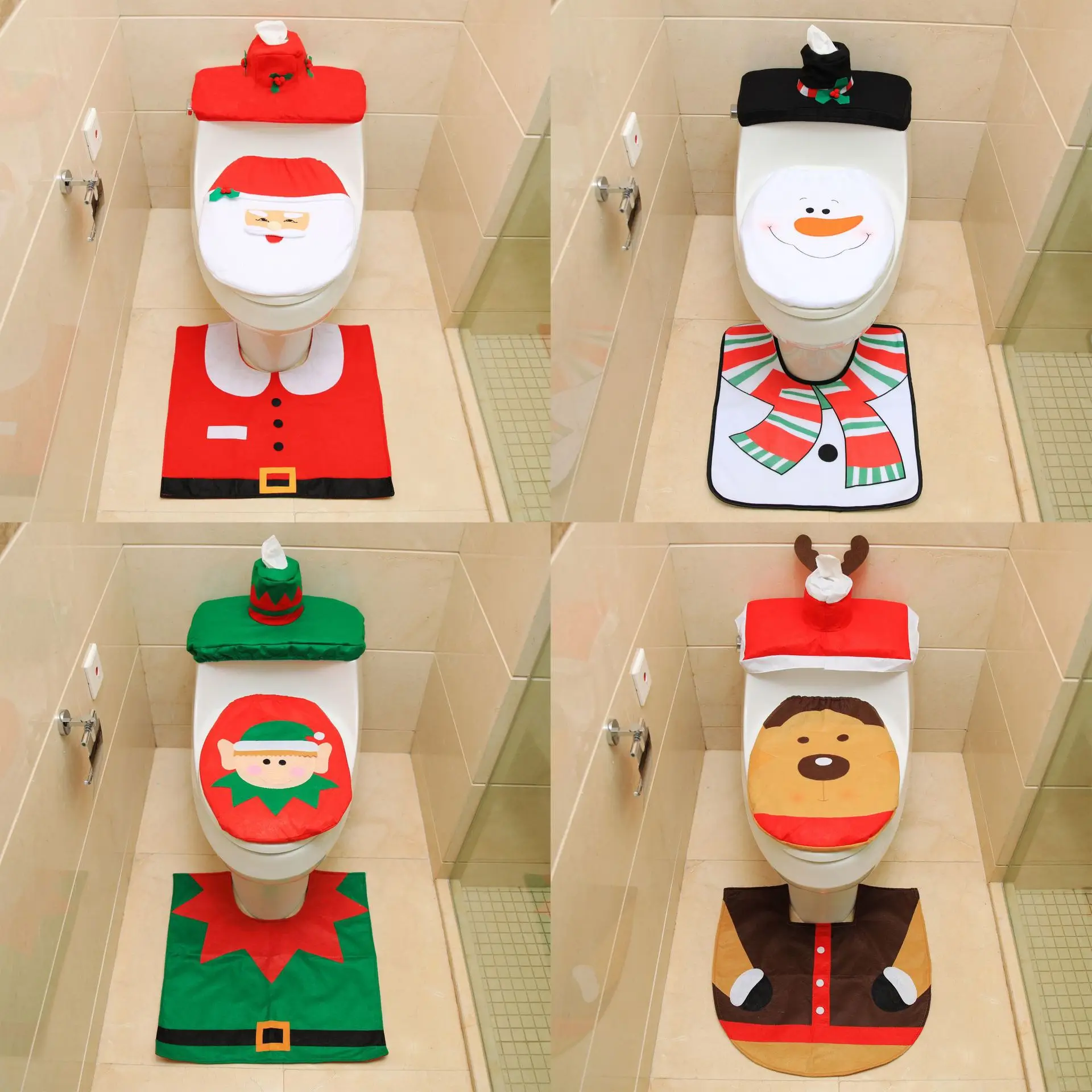 

Bathroom decor Foot Pad Seat Cover Cap Christmas Decorations Toilet decoration Santa Toilet Seat Cover Rug Accessory, As picture