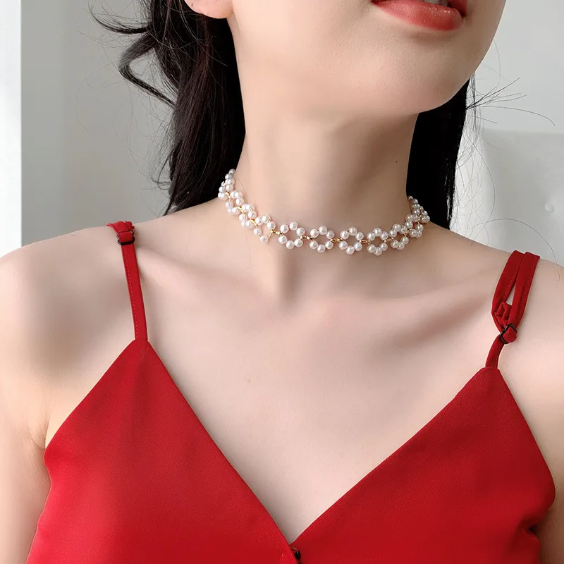 

Elegant Bohemian Short Multi Layer Handmade Pearl Flower Clavicle Necklace Jewelry For Women, Picture shows