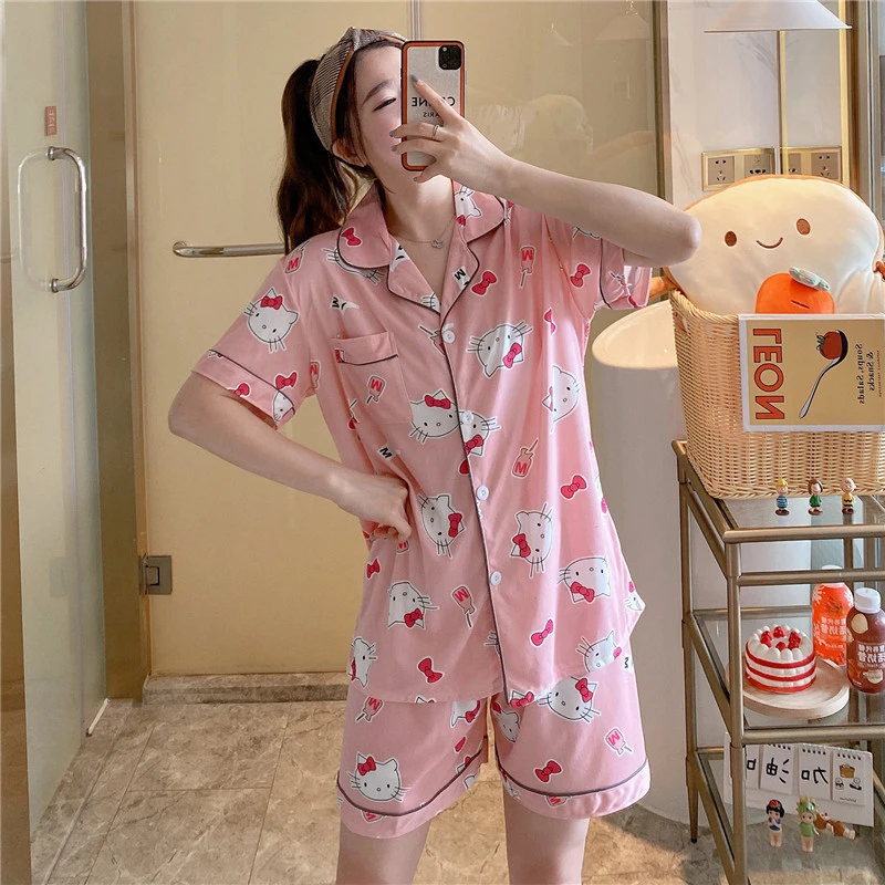 

Ladies summer designer two piece sleepwear fancy cute girls short sleeve nightwear printed super soft pajamas for women set