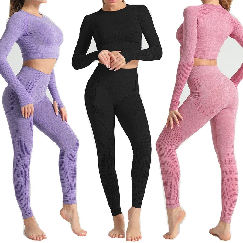 

2020 Best Selling Yoga Two Piece Set Women Seamless Long Sleeve Yoga Sets Fitness