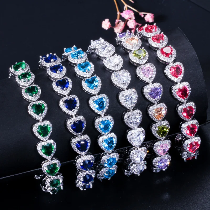 

Korean Jewelry Delicate AAA Zircon Tennis Chain Rhinestone Bracelets For Women High End Colored Crystal Heart Shaped CZ Bracelet