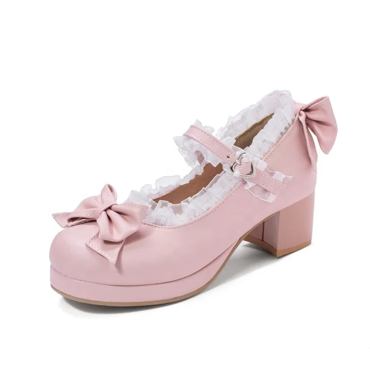 

Dropshipping Lace Lolita Shoe Mary Jane Women Shoes Platform Block Heels Bow Woman Pumps Girls Cute Cosplay Kawaii Shoes, Black , pink, beige