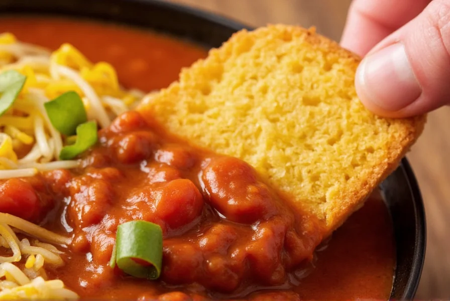 Close-up of cornbread being dipped into a bowl of chili showing the perfect texture contrast