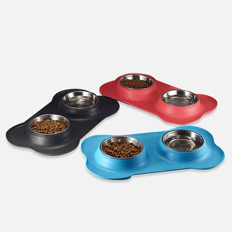 

Silicone Mat Dog Feeder Travel Pet Bowl Stainless Steel Double Dog Feeding Food Bowl, Black blue red