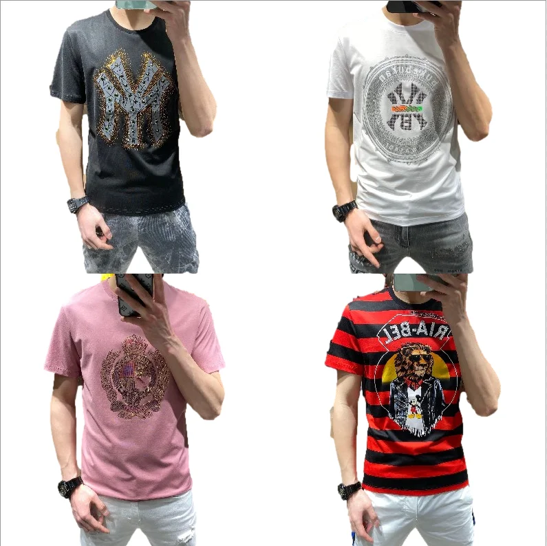 

Manufacturer price casual hot diamond men's round collar T-shirt the most popular 100% cotton European printed short sleeve men, Customized color