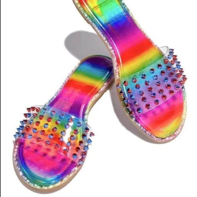 

Factory plus size beach outdoors slides summer 2020 flat rivet sandals jelly flip flop for womens, Colorful 1,colorful 2,white,black,pink