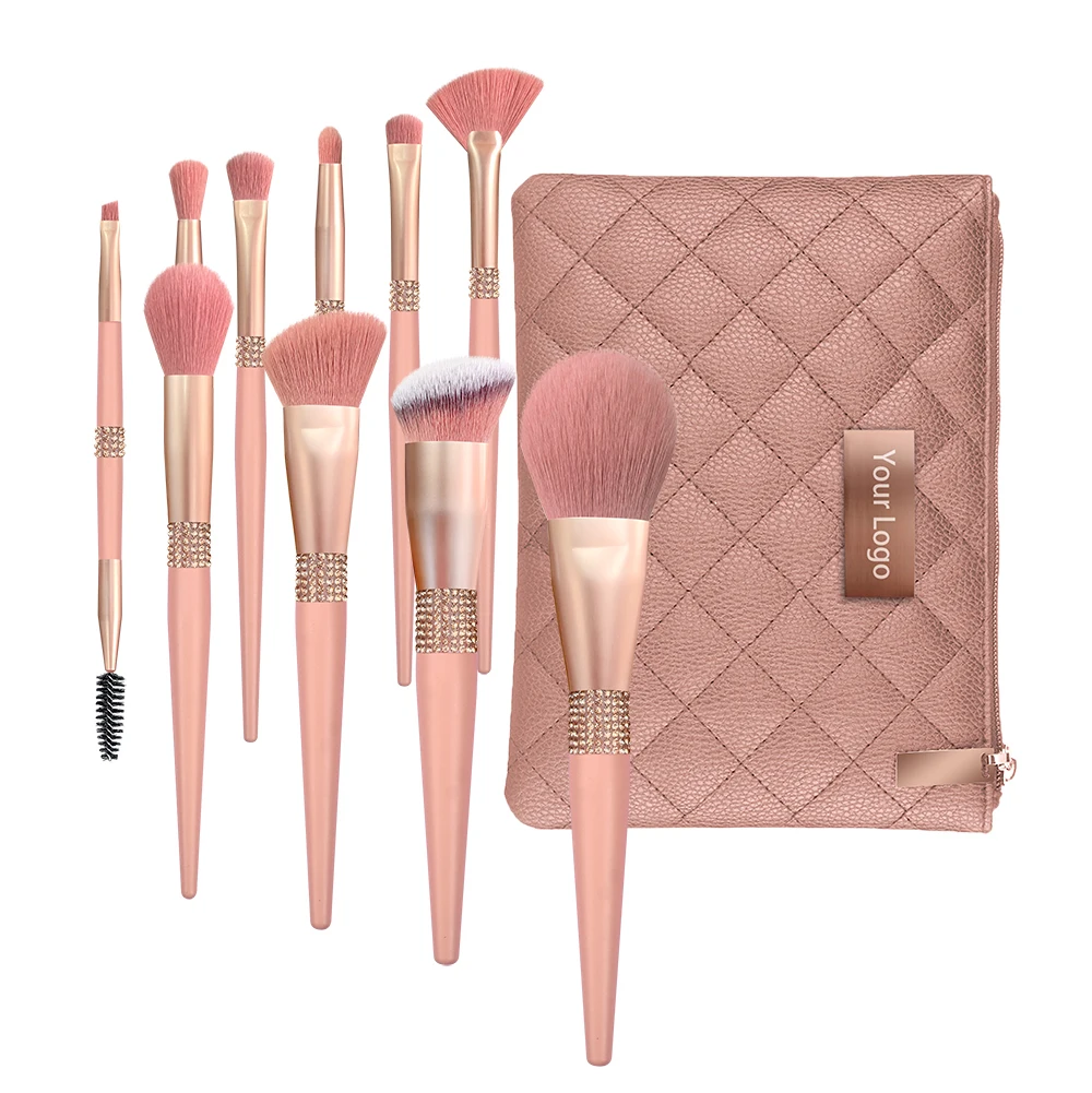 

New design cosmetic tools 9pcs with packing bag Eye shadow diamond bling vegan green private label pink makeup brushes set