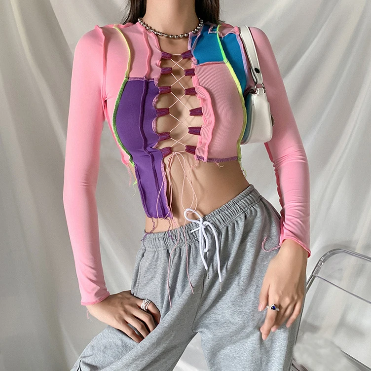 

FS1698D women sexy Long sleeve contrast color T shirts Fashion casual crop tops