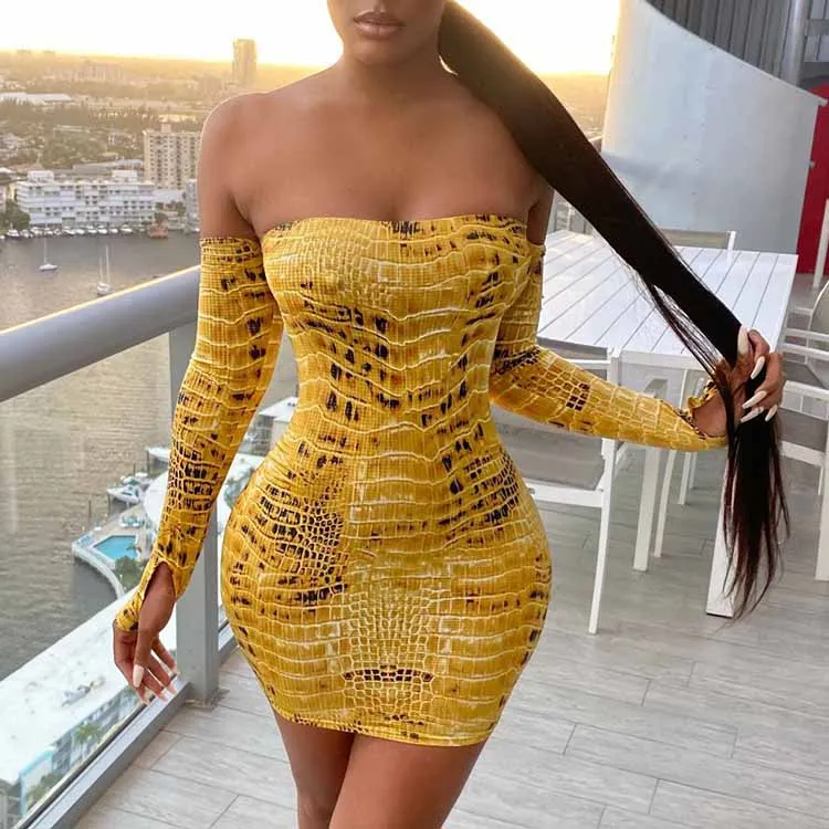 

Fashion Printed Off The Shoulder Bodycon Dress Long Sleeve Fitted Sexy Short Dresses Womans Winter 2021 -PT, Yellow,red