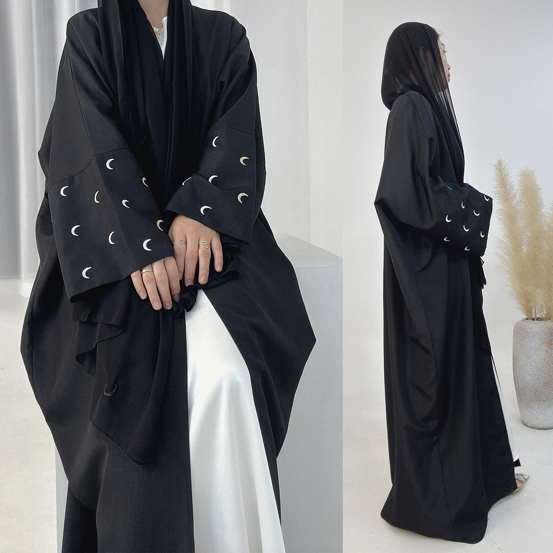 

New Arrival Abaya Women Kimono Cardigan Muslim Women's Dresses Moon Embroidery EID Linen Abaya