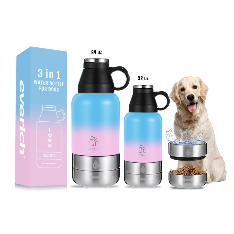 

New insulated dog cat travel drinking stainless steel pet water bottle with food feeder bowls