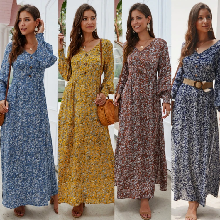 

Floral Print Beach Maxi Dresses Casual V Neck Skirts Ladies Clothing