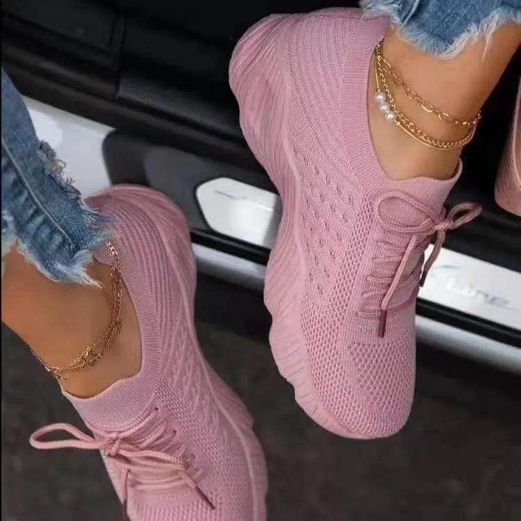 

Large size 2021 spring new thick soles pure color lacing fly woven a pair of old daddy shoes sneakers for women