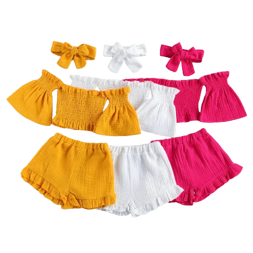 

2021 Summer Fashion Kids Baby Clothes Short Sleeve Off Shoulder Tank Tops Shorts Headband 3PCS Outfit Girls Clothing Sets