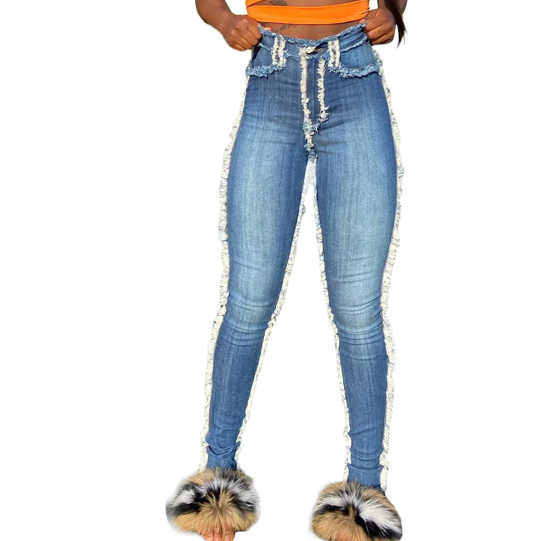 

L202 guangzhou xingtang jeans factory custom high quality women's street skinny blue jeans