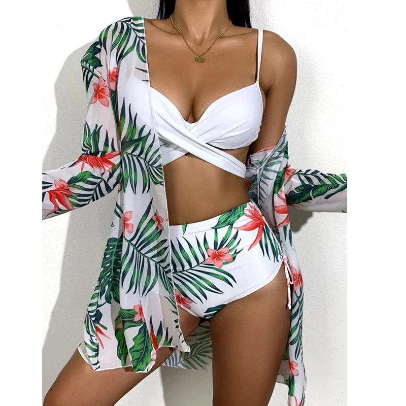 

High cut three-piece swimwear bathing suit underwire v shape thong bikini swimsuit