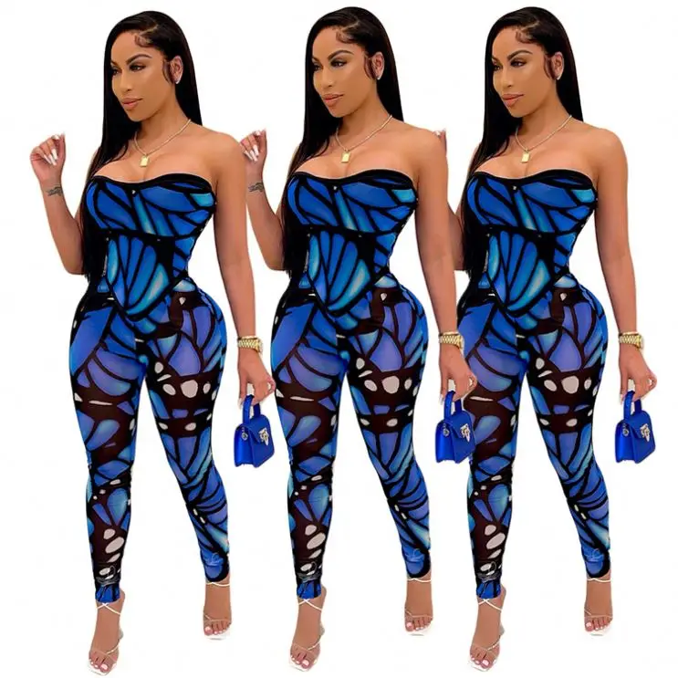 

D96846 New Arrival 2021 Women Clothing Dew shoulder sleeveless printing Women One Piece Jumpsuits And Rompers