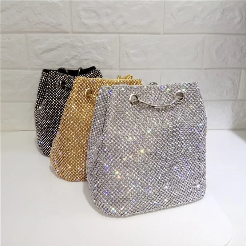 

Ladies Crystal Chains Bucket Bag Mini Wedding Clutch Shoulder Purse Party Rhinestone Bucket Evening Bag Handbag