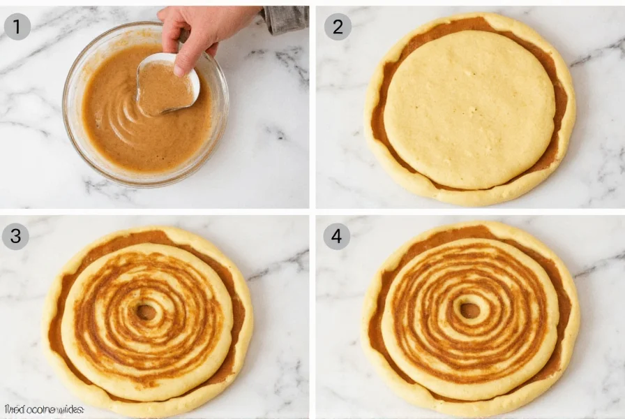 Step-by-step process showing how to layer cinnamon swirl mixture between pancake batter layers to create spiral effect