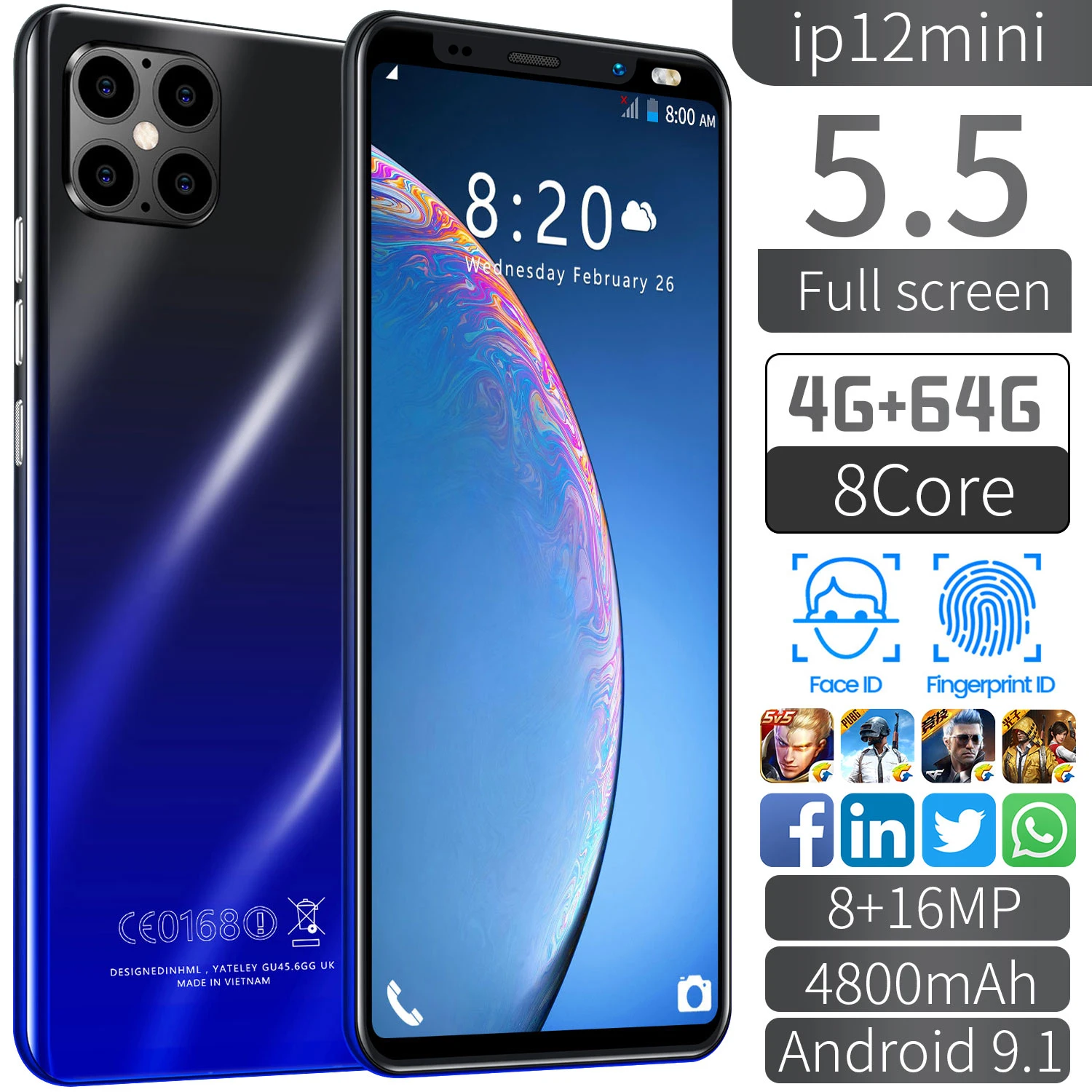 

2021 New Fashion i12 Pro+ 6.1 inch Android Smartphones4GB+126GB 10-Core 5G LET Cellphones 4 Camera cell phone case