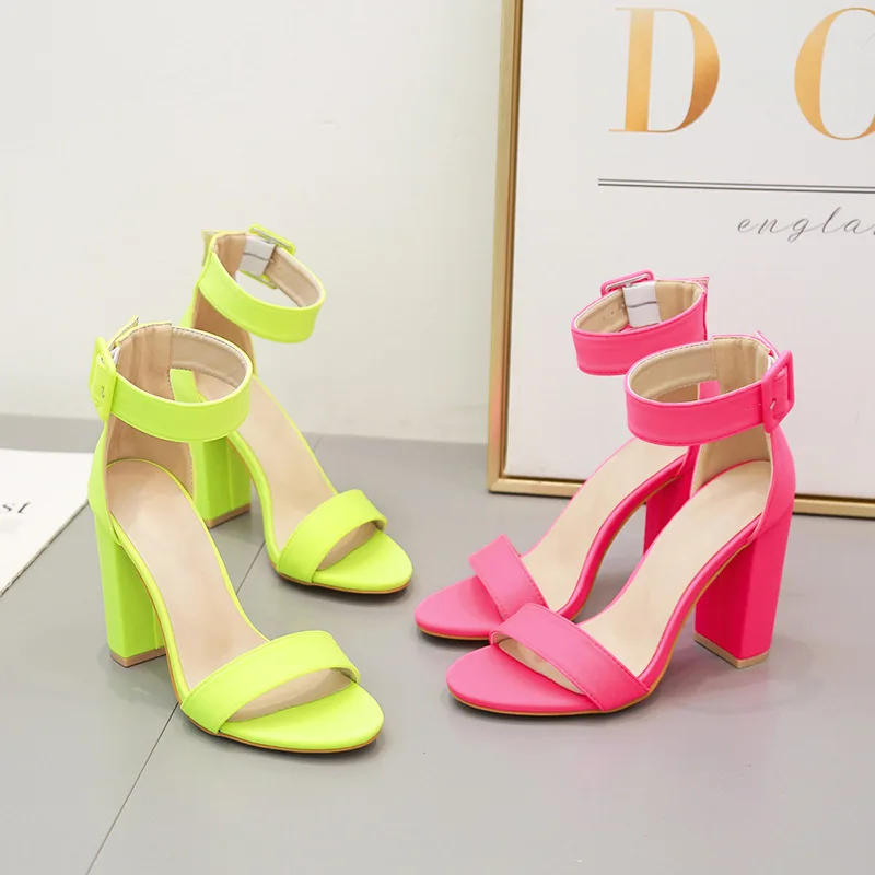 

HL-006 2020 fashion plain neon green Custom high heel sandals designs for women summer platform chunky square heels, Picture show