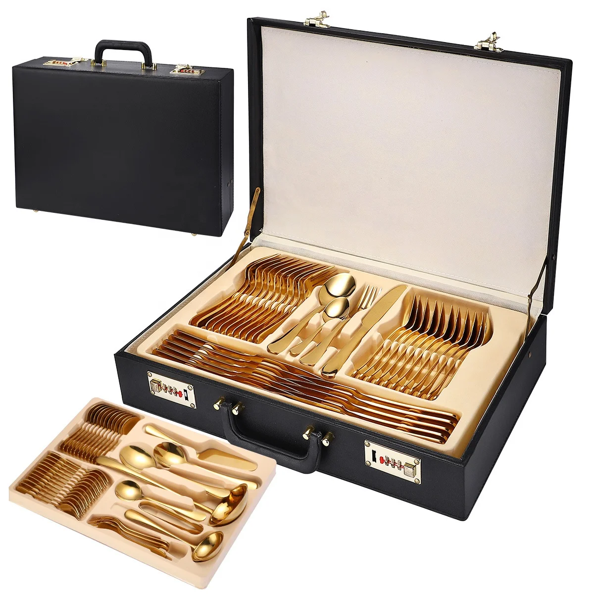 

Wholesale 48/72/84 piece Custom Stainless Steel Colorful Cutlery Flatware Dinnerware Gold Knives Spoons Forks Set With Case, As pictures shown