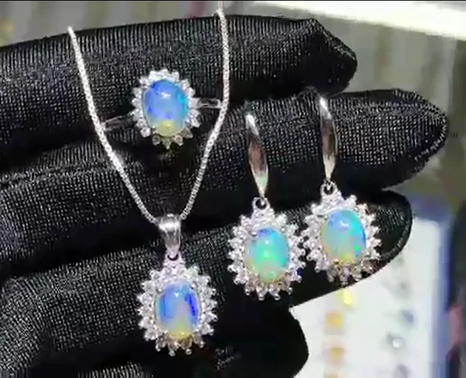 

925 Sterling Silver Engagement Wedding Jewelry Oval 6x8mm Natural Multi Color Opal Set Ring Earrings Pendant Necklace For Women