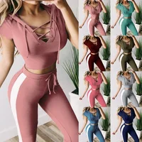 

2019 Summer Women Sexy Slim Solid Color With Hoodies Sports Two-Piece Suits Female Short Sleeve Long Pants Fashion Lacing Suits