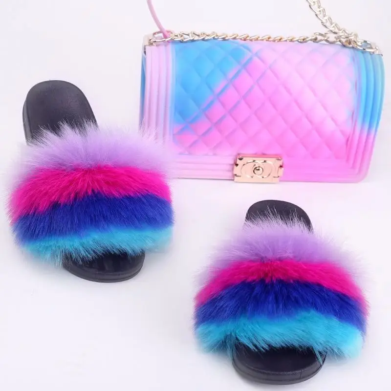 

Beautiful Fashion Women Furry Fur Slippers Sandals with Colorful Rainbow Jelly Purse and Bag Set