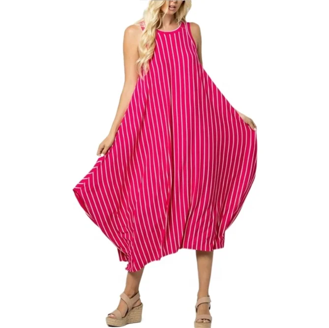 

2021 cross border supply European and American summer foreign trade women's sleeveless striped irregular vest dress spot, 4 colors