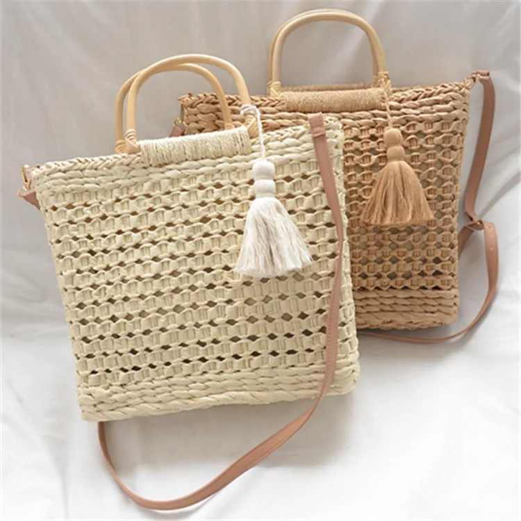 

Handmade Straw Beige Color Fashion Design Summer Women Girls Beach Travel Tassel Bamboo Round Handle Large Straw Bag, As show