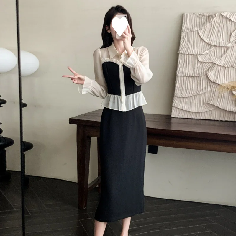S-2XL Spring New Shirt Collar Ruffled Top+mid Length Skirt Two-piece Set
