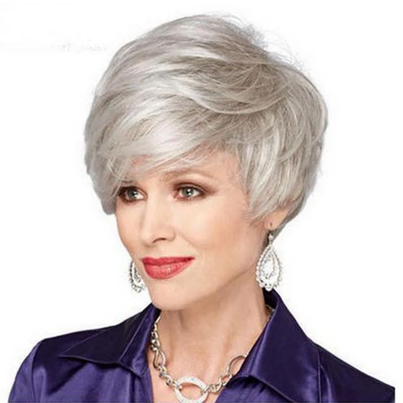 

Women Heat Resistant White Blonde Ombre Short Wigs With Bangs High Temperature Wavy Fiber Synthetic Wigs