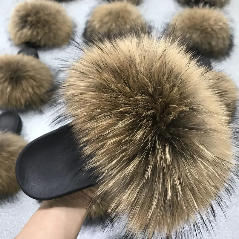 

2021 vendor New Arrivals Woman Big Fluffy Furry Slides Raccoon slipper Fox Fur Slides, Customized color