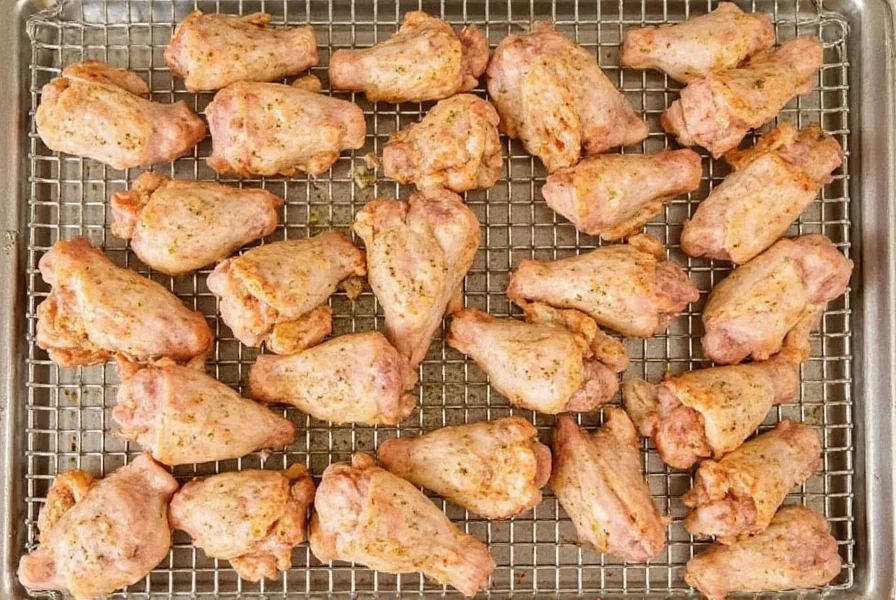 Chicken wings coated in lemon pepper seasoning spread on wire rack before baking