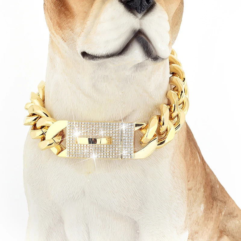 

19mm Stainless Steel Dog Chains 5A CZ Diamond Iced Out Bling Buckle Pitbull Dog Chain Cuban Link Gold And Diamond Dog Chain