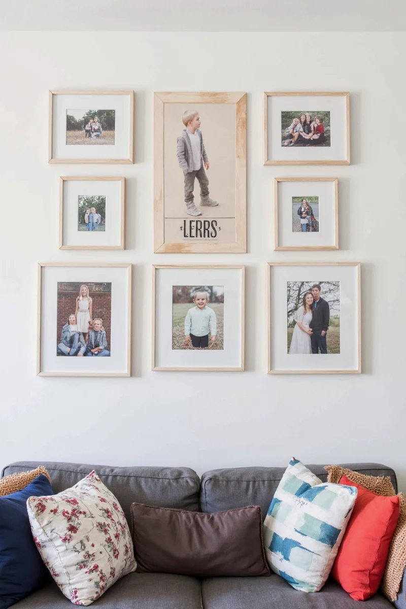 Gallery wall with mixed frames in a modern living room
