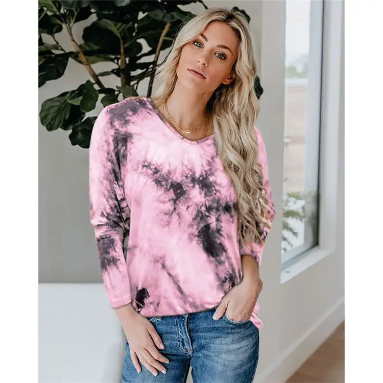

Hot Selling Plus Size Women Clothing Tie Dye Print Woman Tops Fashionable Loose O Neck Ladies' Blouses Long Sleeve T-Shirt