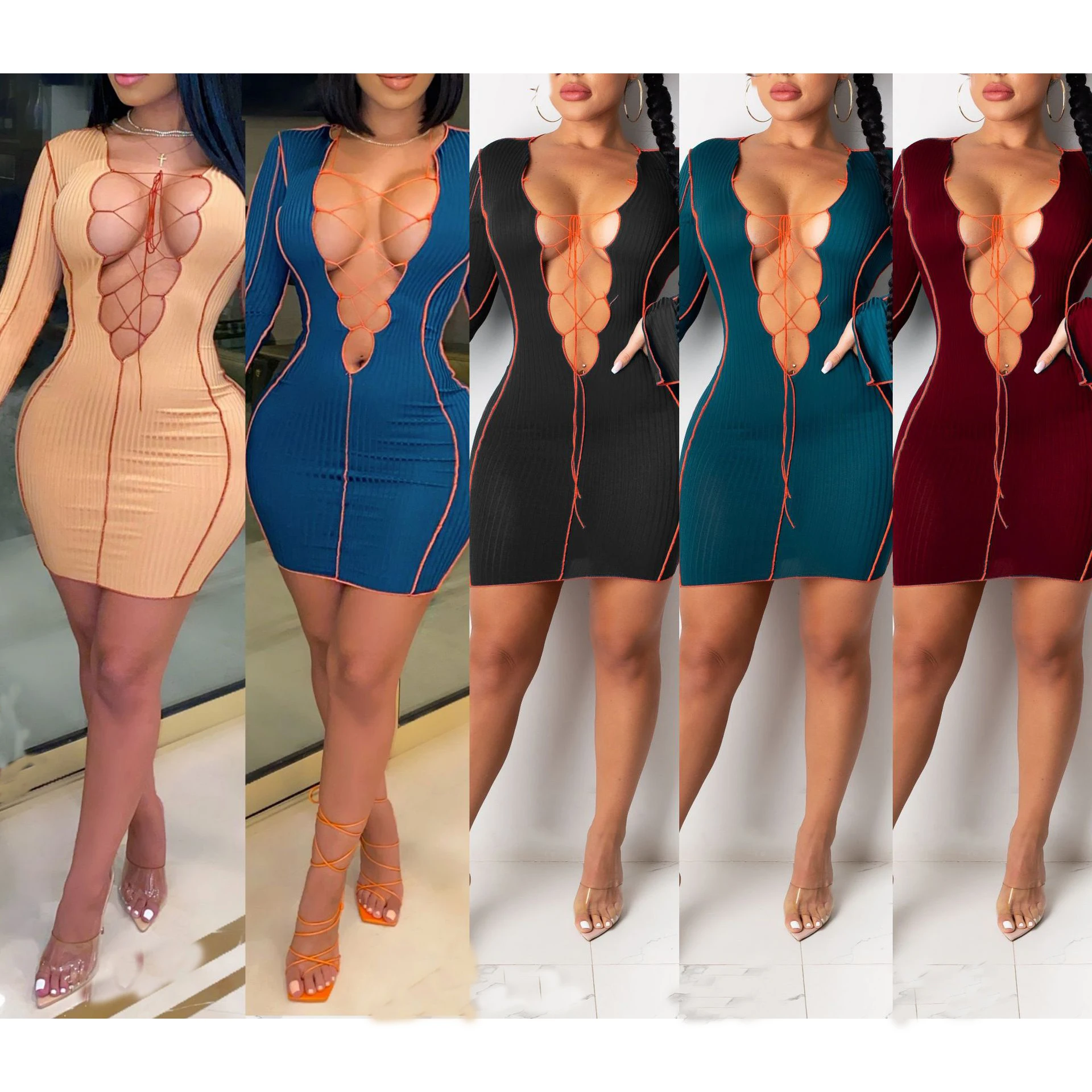 

FS1681D women V neck casual bodycon bandage dresses