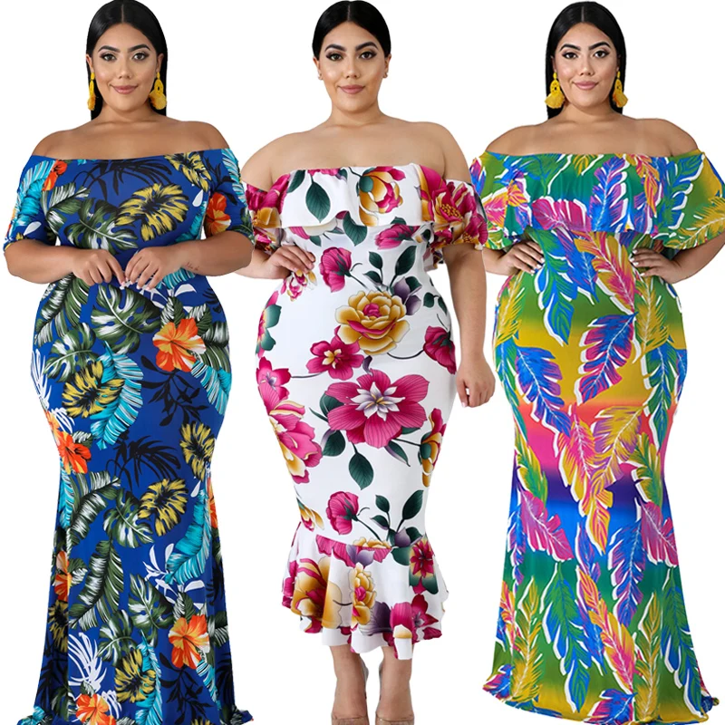

New Arrive Spring Fall Women Clothing Plus Size Floral Layered Ruffle Off Shoulder Dress, Customized color
