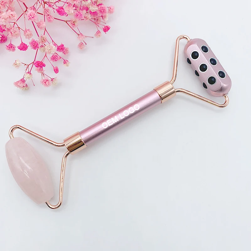 

Hot Selling OEM High Quality Jade Stone Facial Anti Aging remove wrinkle Welded Natural Rose Quartz Pink Face Jade Roller