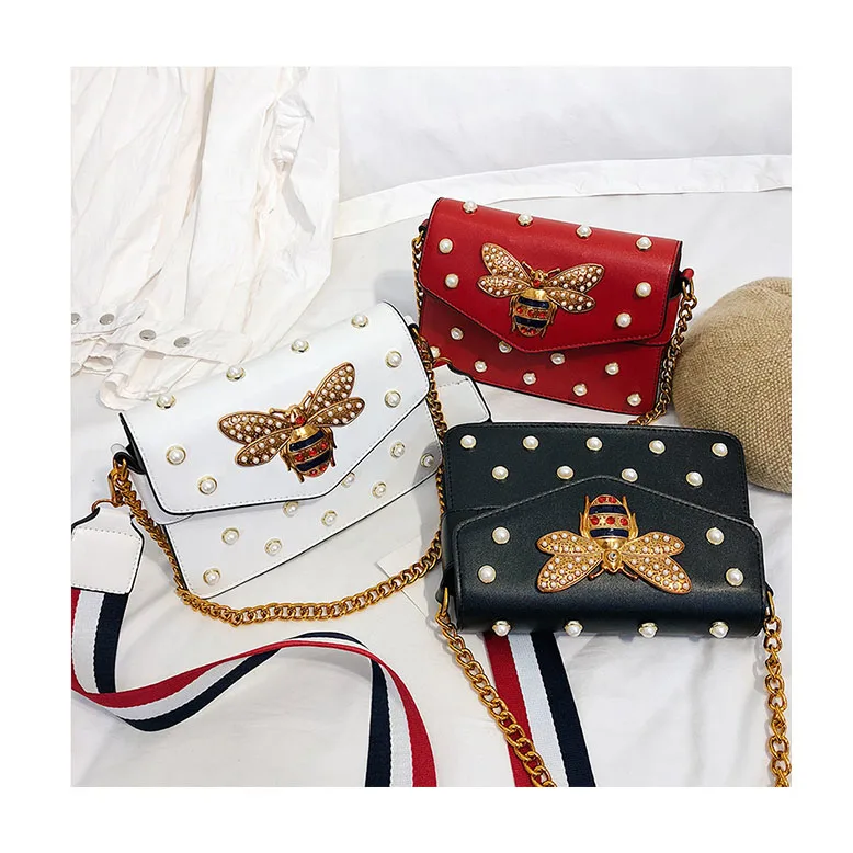 

Luxury Designer Bee Pattern Bags Rivet Pearls Shoulder Bag Famous Brand Chain Square Totes Women Crossbody Bolsa New Small Purse